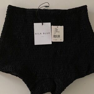 Aila Blue Textured Black High-Waisted Bikini Bottom